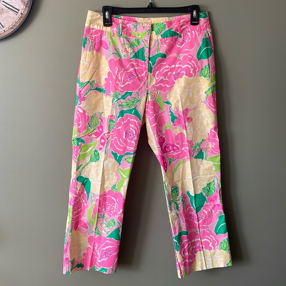 Vintage Lilly Pulitzer Cropped Pants Size 8 Pink Green Yellow Flowers Butterfly